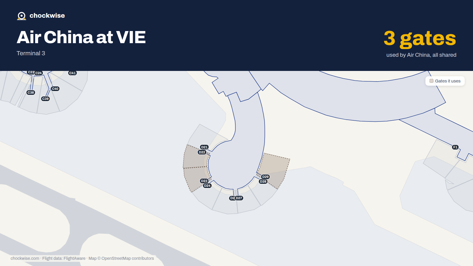 Map of VIE with the gates Air China uses highlighted: D22, D23 and D29.
