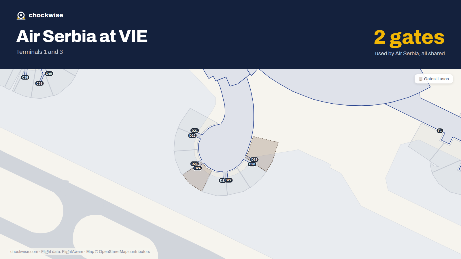 Map of VIE with the gates Air Serbia uses highlighted: D24 and D29.