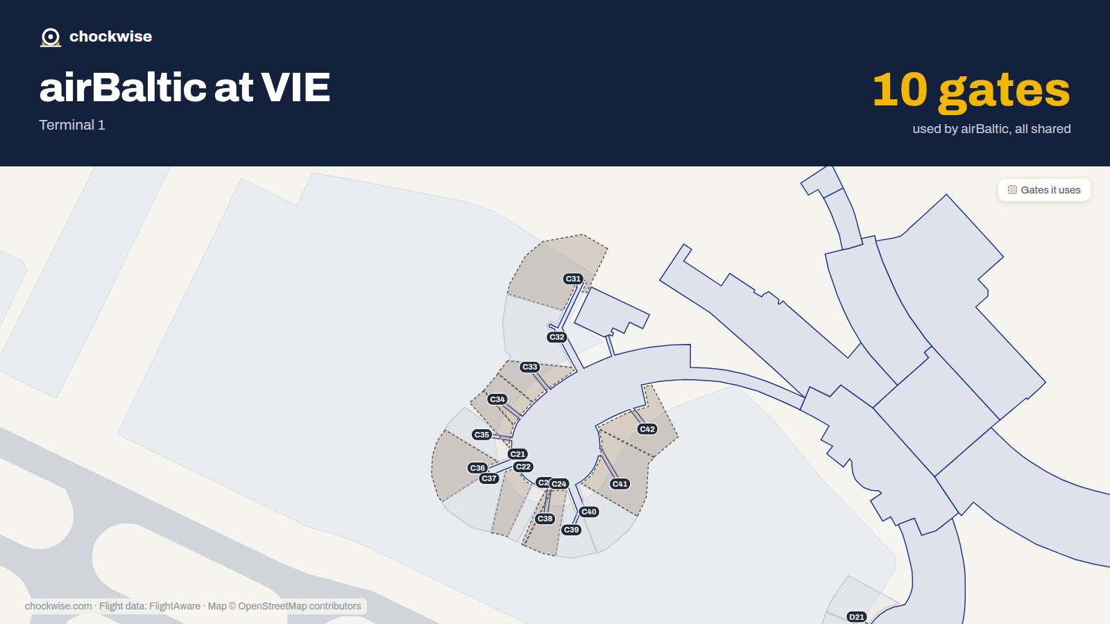 Map of VIE with the gates airBaltic uses highlighted: C22, C24, C31, C33, C34, C35, C36, C38 and 2 more.