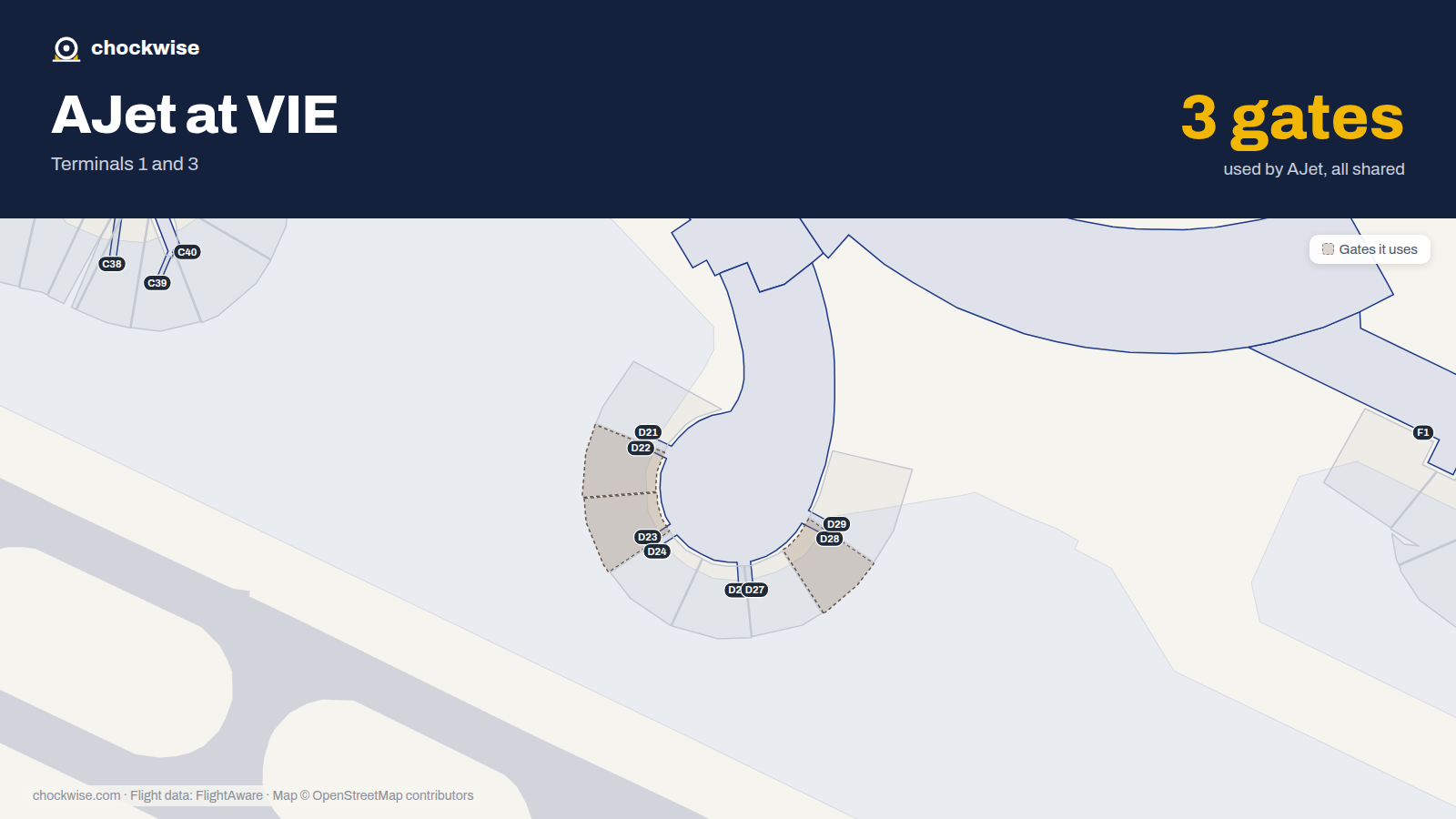Map of VIE with the gates AJet uses highlighted: D22, D23 and D28.