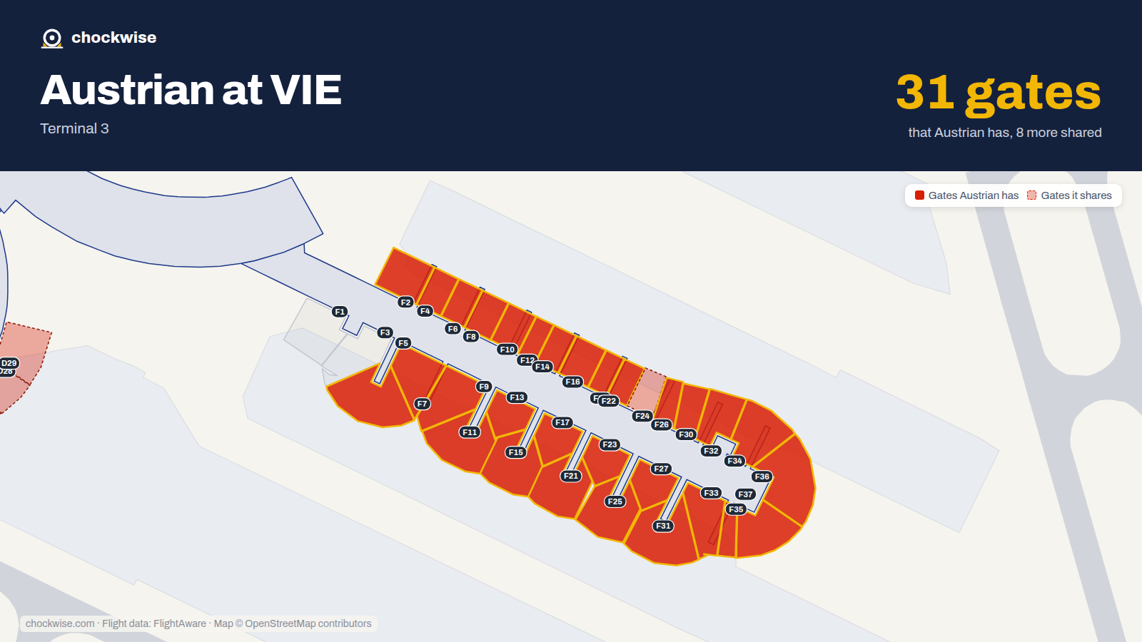 Map of VIE with the gates Austrian Airlines uses highlighted: F2, F4, F5, F6, F7, F8, F9, F10 and 22 more.