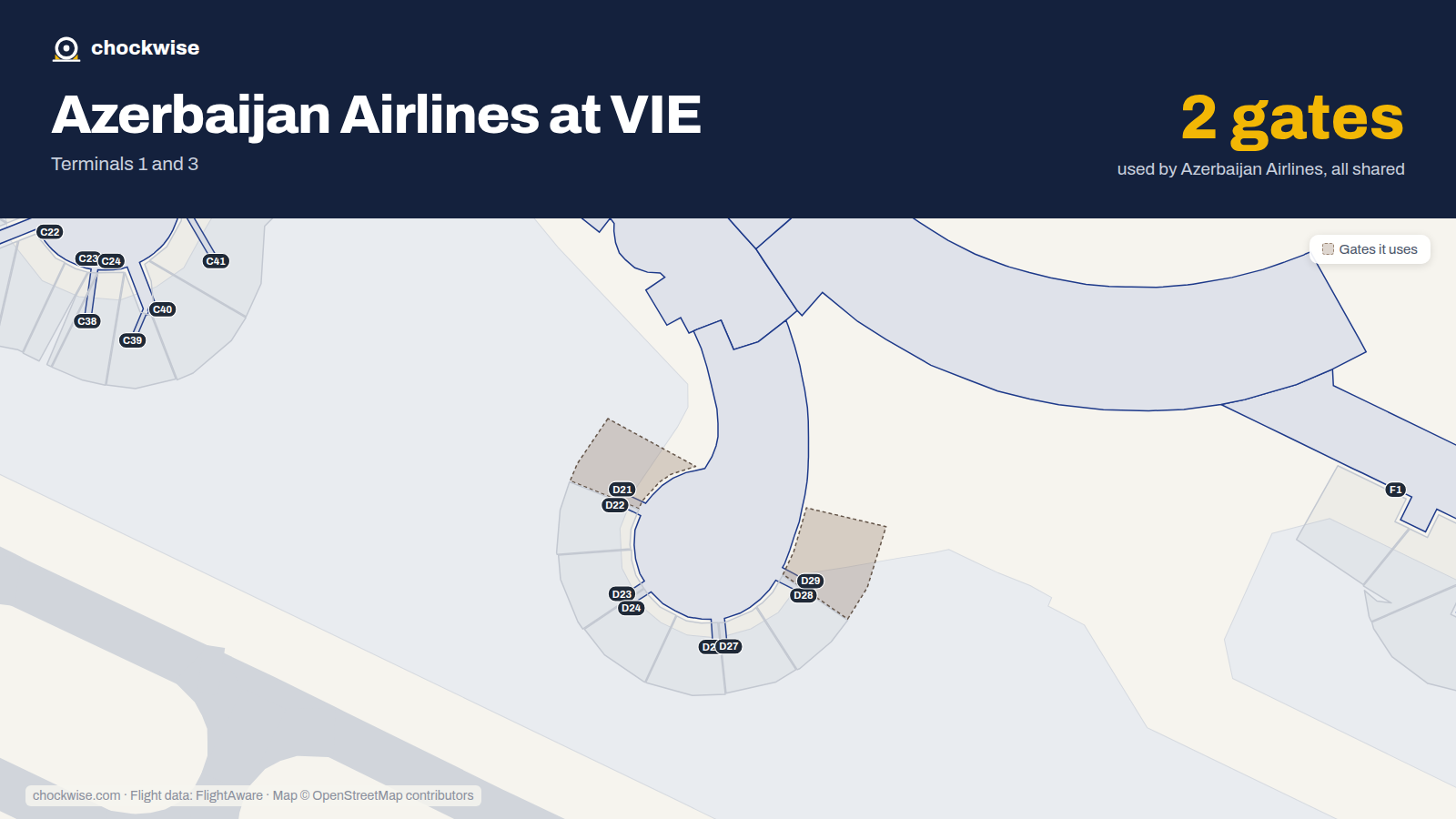 Map of VIE with the gates Azerbaijan Airlines uses highlighted: D21 and D29.