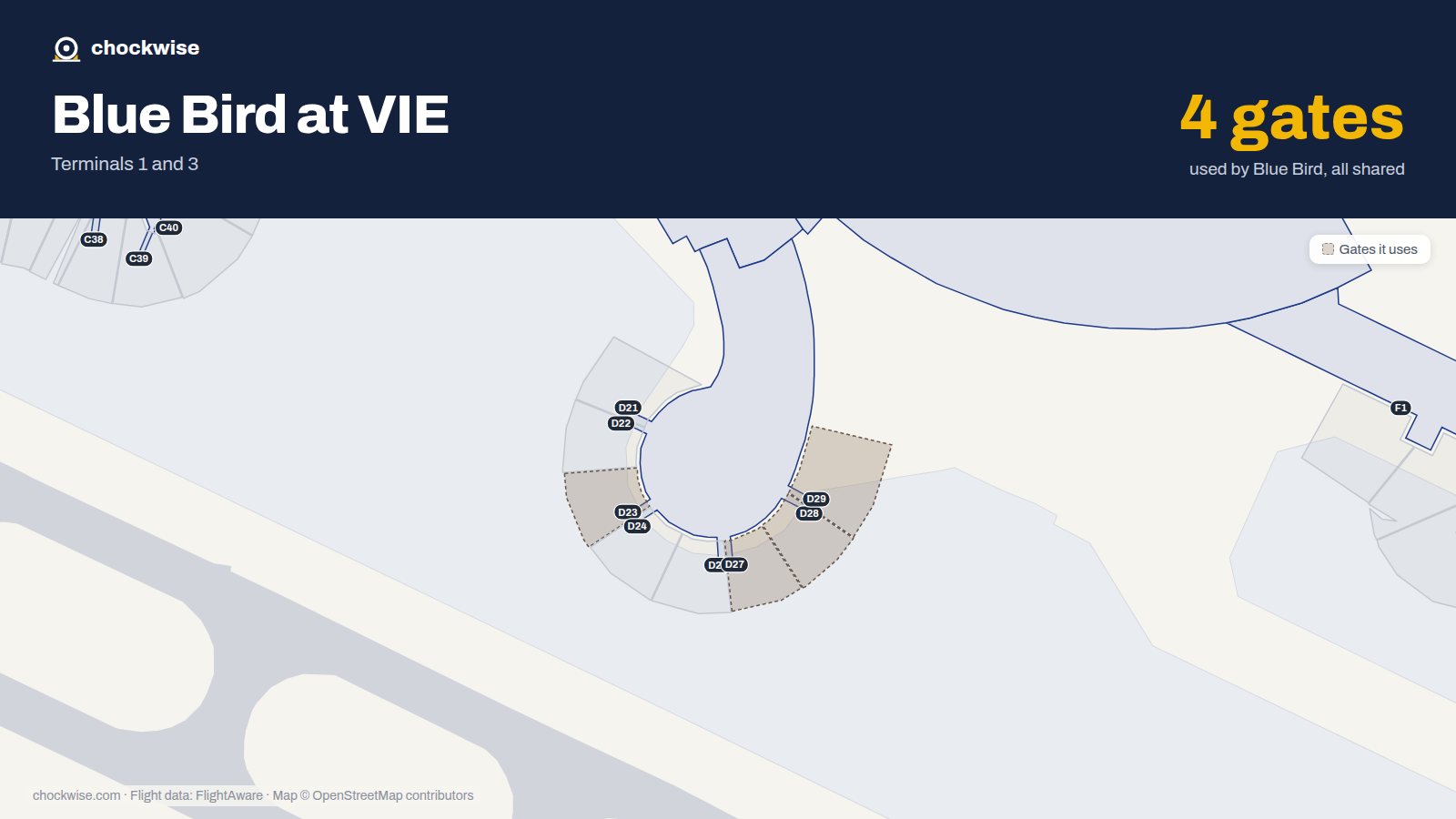 Map of VIE with the gates Blue Bird Airways uses highlighted: D23, D27, D28 and D29.