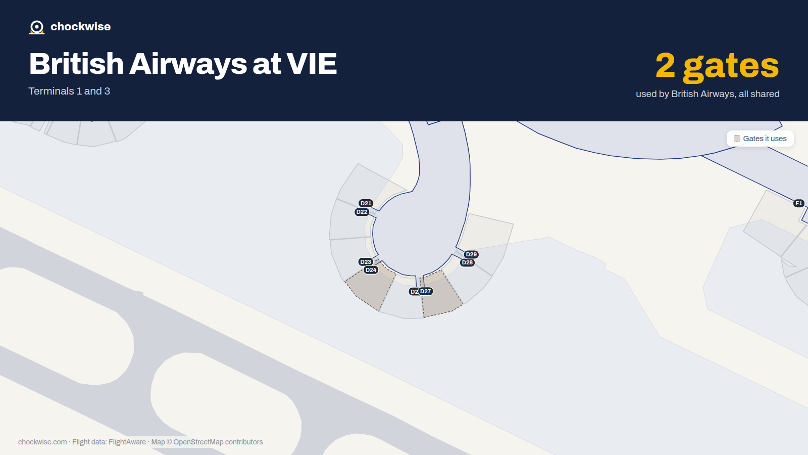 Map of VIE with the gates British Airways uses highlighted: D24 and D27.