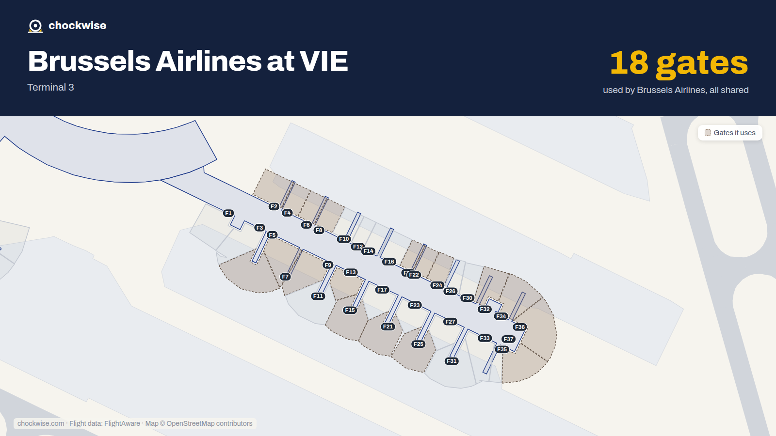 Map of VIE with the gates Brussels Airlines uses highlighted: F2, F4, F5, F6, F7, F8, F9, F13 and 10 more.