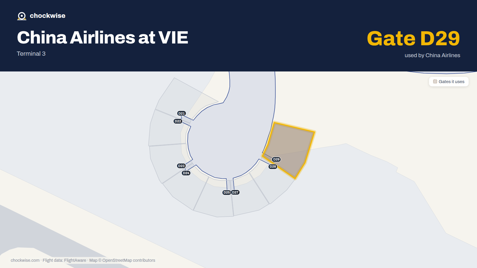 Map of VIE with the gates China Airlines uses highlighted: D29.