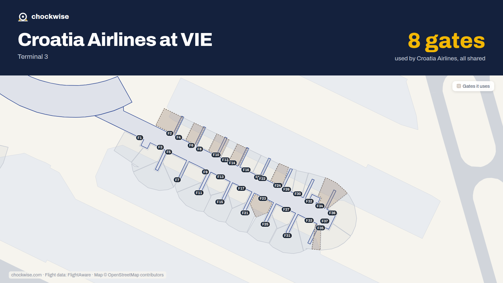 Map of VIE with the gates Croatia Airlines uses highlighted: F2, F6, F10, F14, F23, F24, F34 and F35.