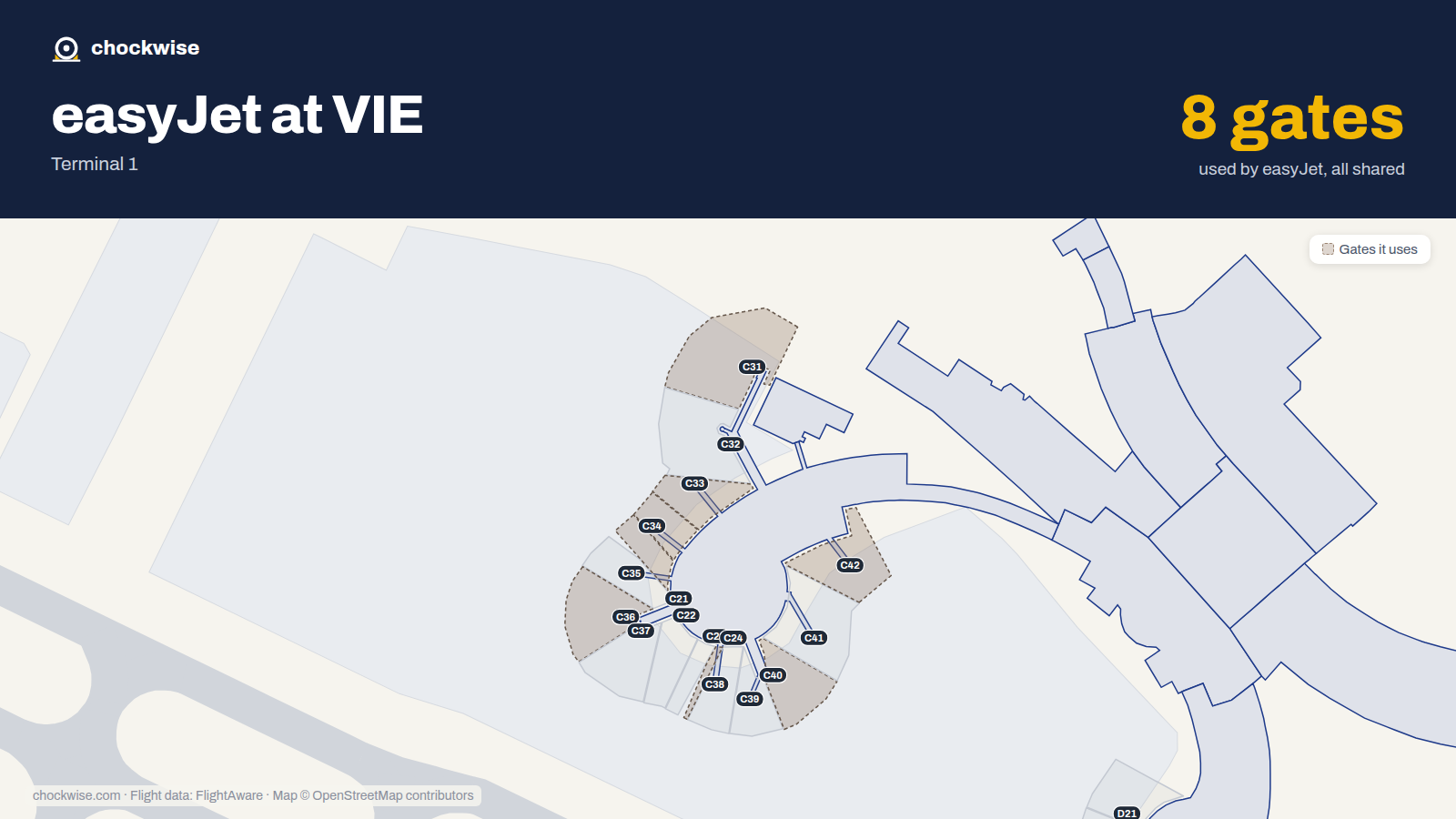 Map of VIE with the gates easyJet uses highlighted: C31, C33, C34, C35, C36, C38, C40 and C42.