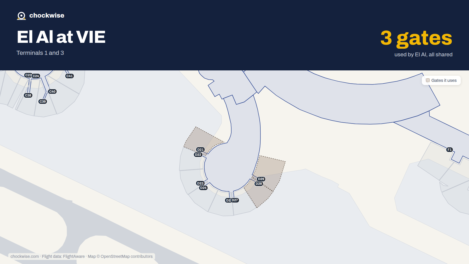 Map of VIE with the gates El Al uses highlighted: D21, D28 and D29.