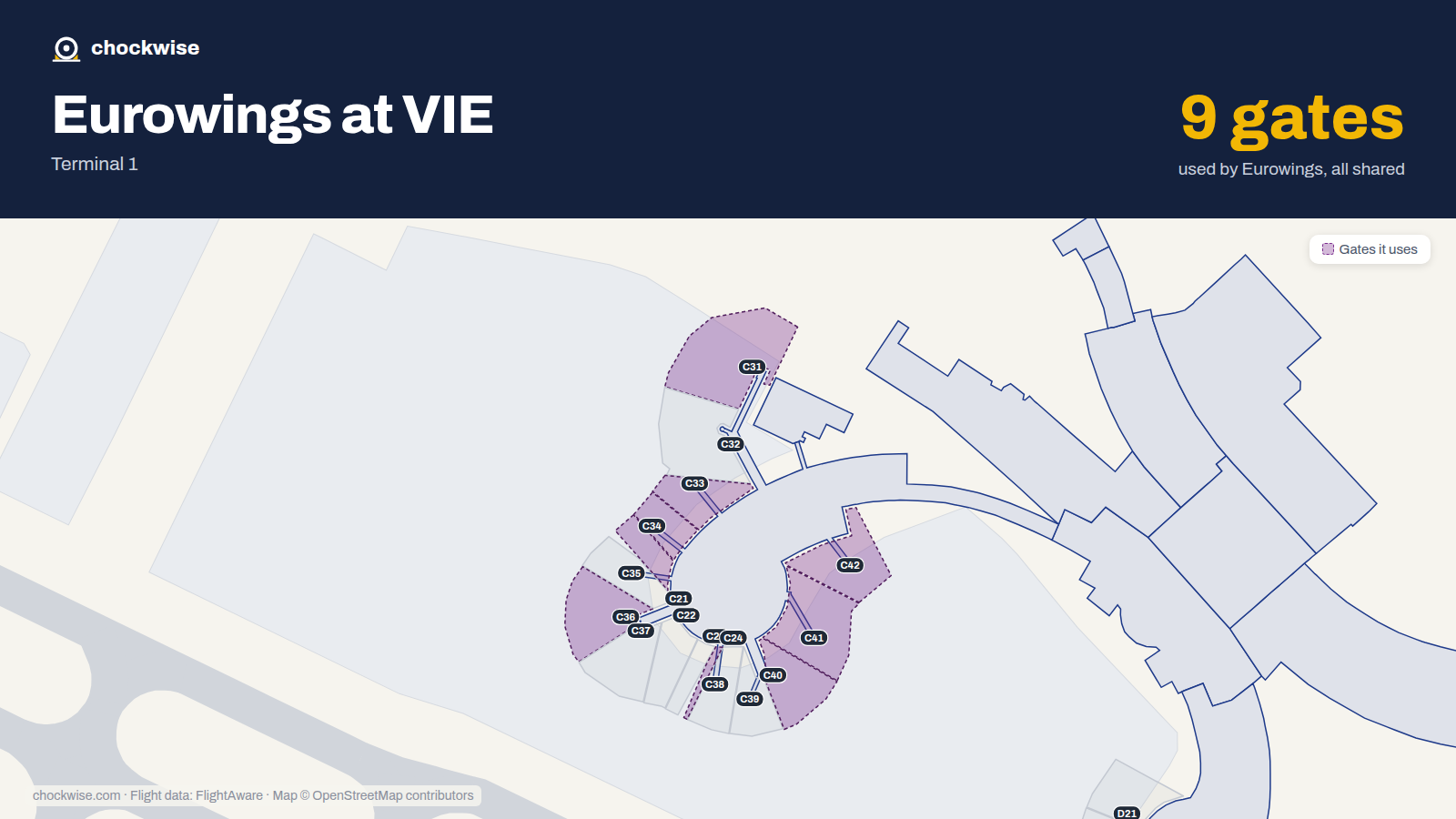 Map of VIE with the gates Eurowings uses highlighted: C31, C33, C34, C35, C36, C38, C40, C41 and 1 more.