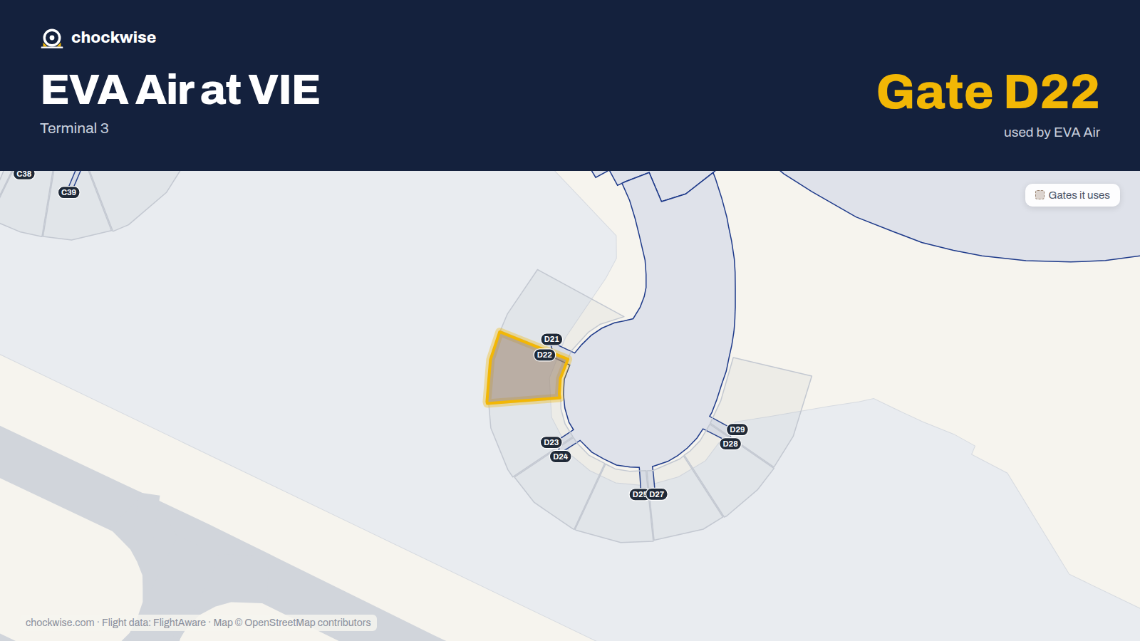 Map of VIE with the gates EVA Air uses highlighted: D22.