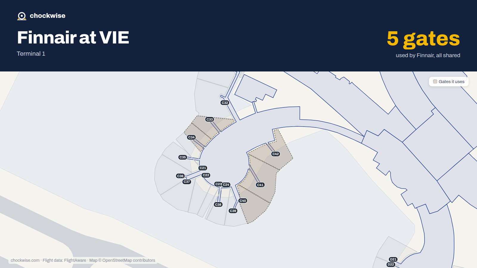 Map of VIE with the gates Finnair uses highlighted: C33, C34, C40, C41 and C42.
