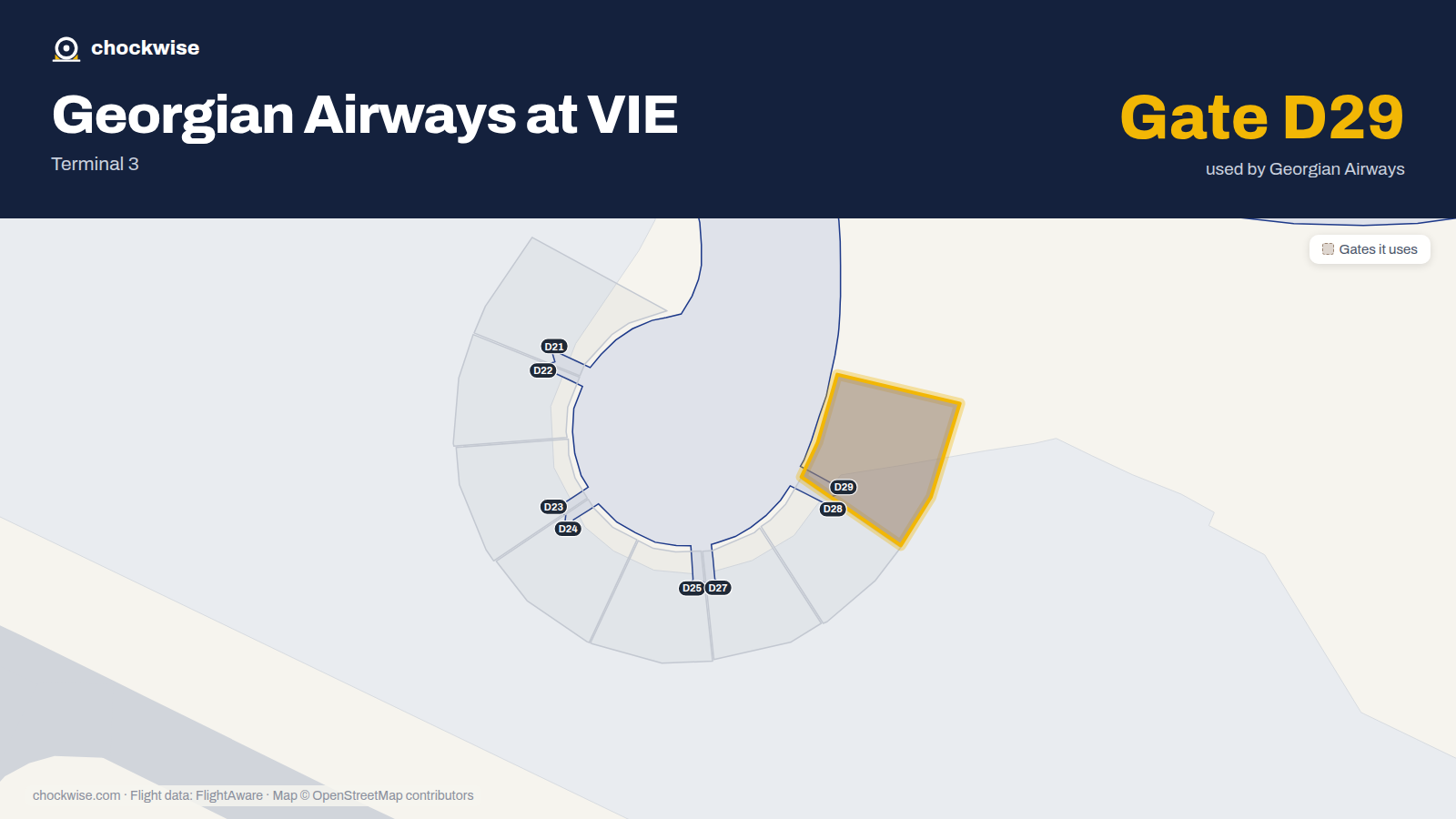 Map of VIE with the gates Georgian Airways uses highlighted: D29.