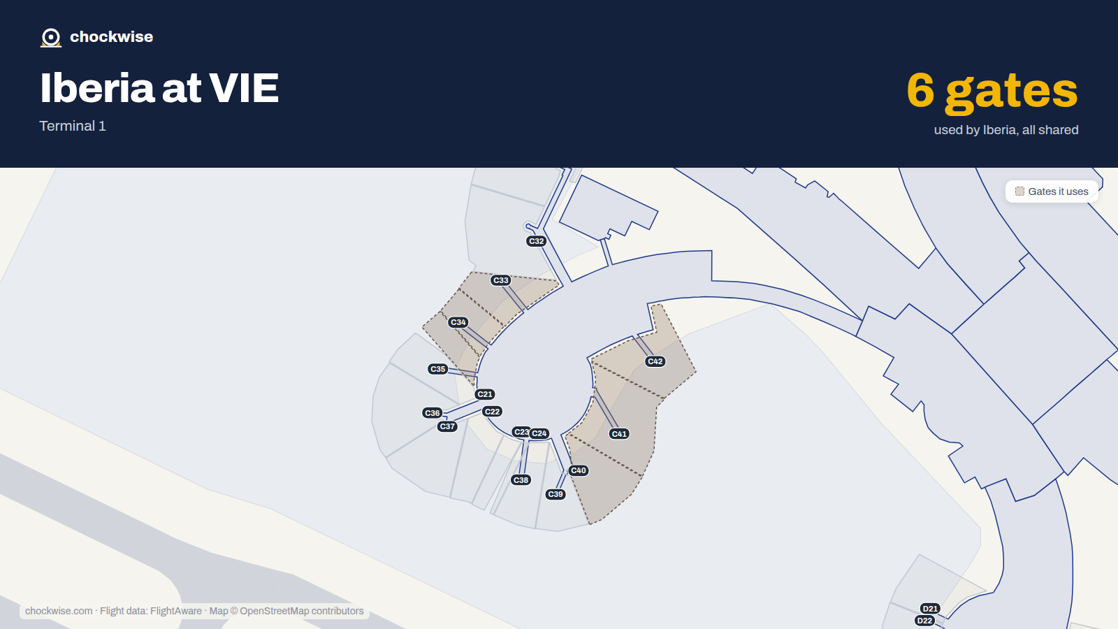 Map of VIE with the gates Iberia uses highlighted: C33, C34, C35, C40, C41 and C42.