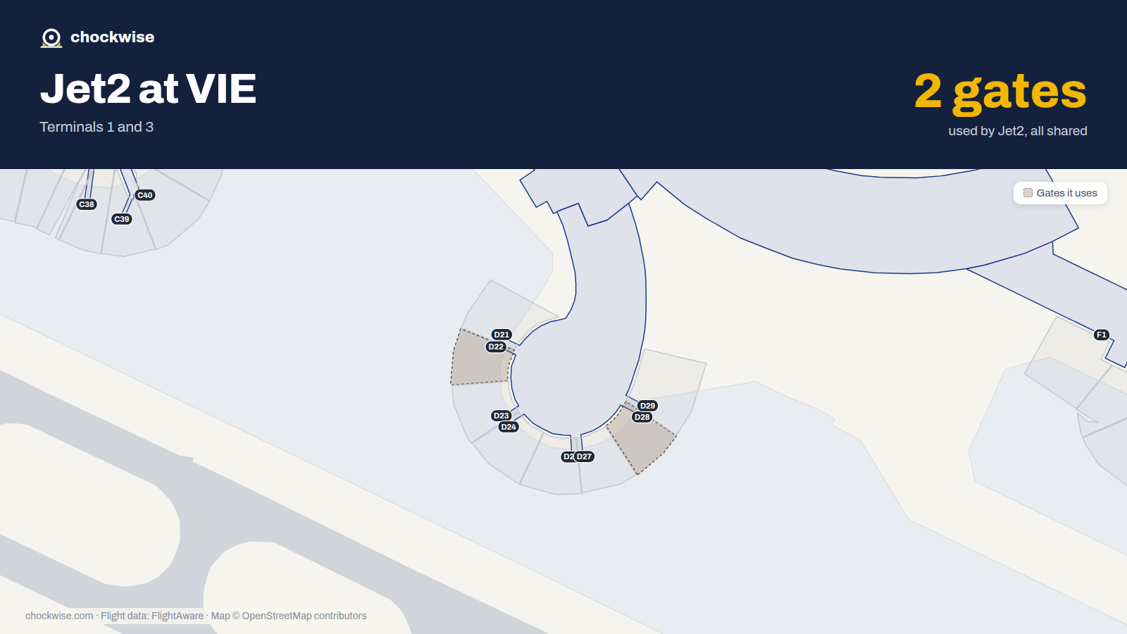 Map of VIE with the gates Jet2.com uses highlighted: D22 and D28.
