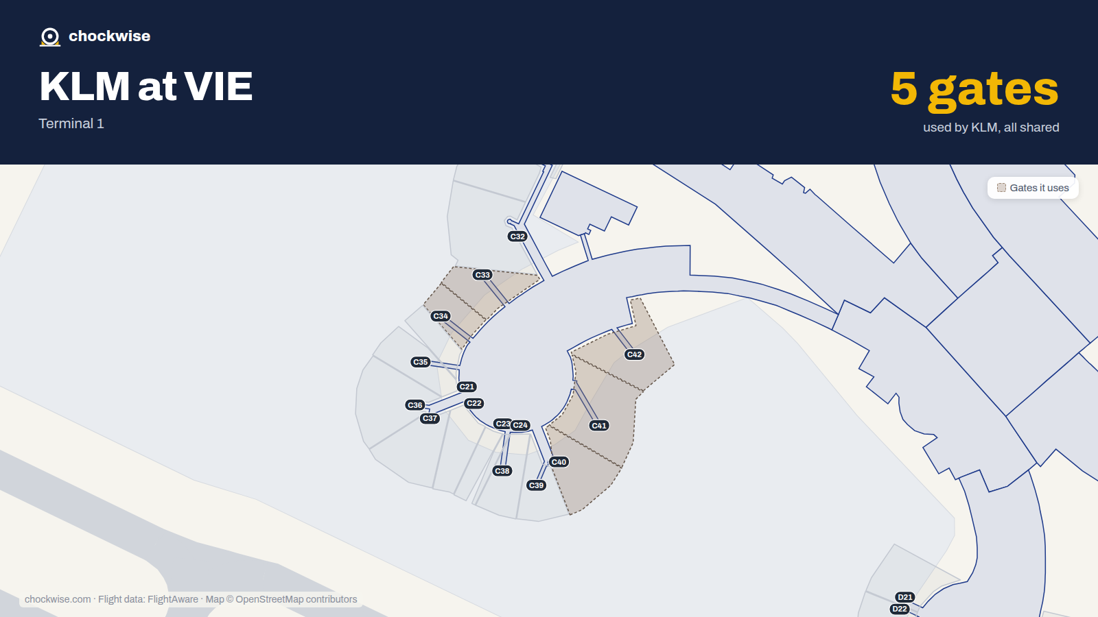 Map of VIE with the gates KLM uses highlighted: C33, C34, C40, C41 and C42.
