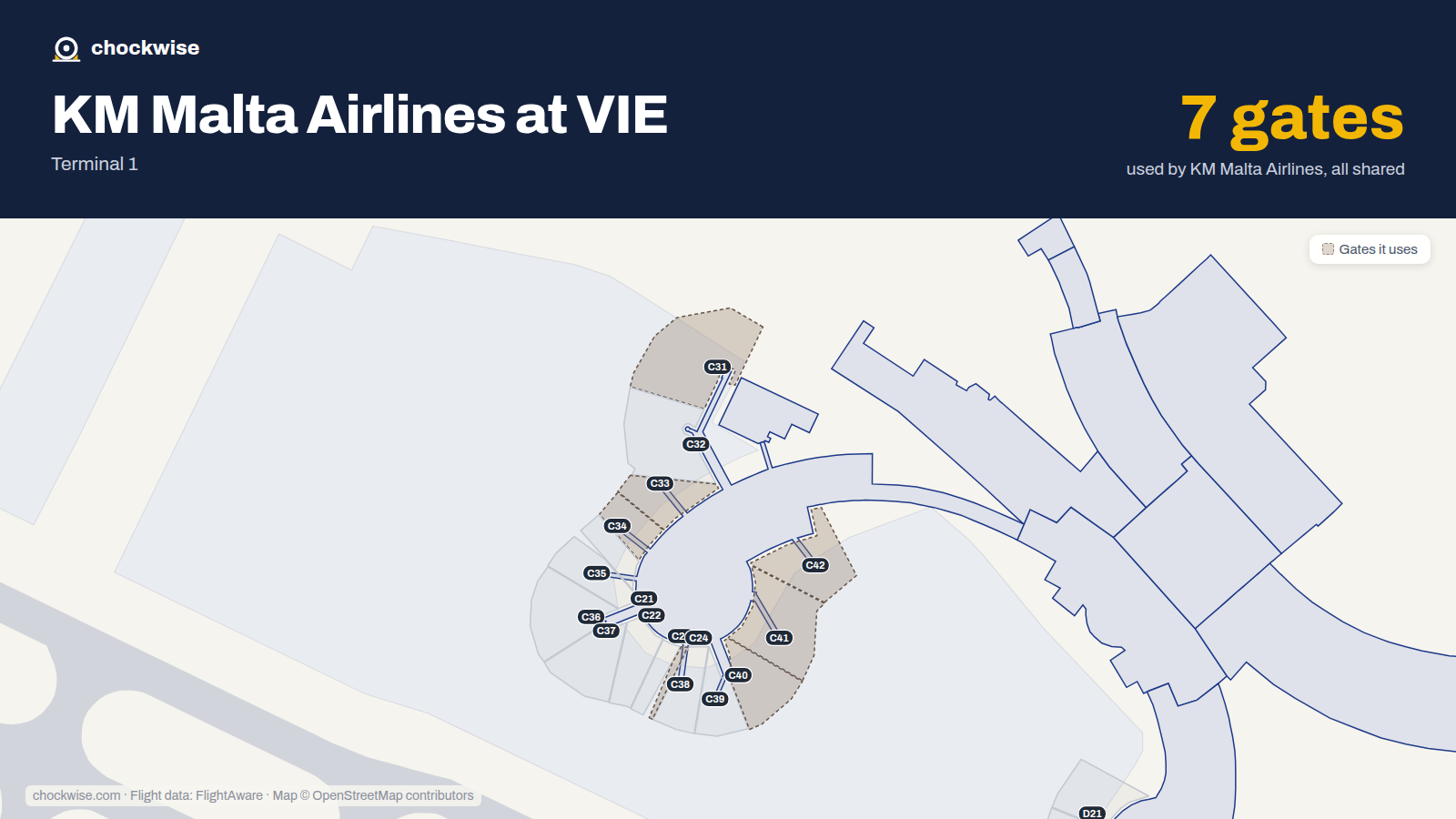 Map of VIE with the gates KM Malta Airlines uses highlighted: C31, C33, C34, C38, C40, C41 and C42.