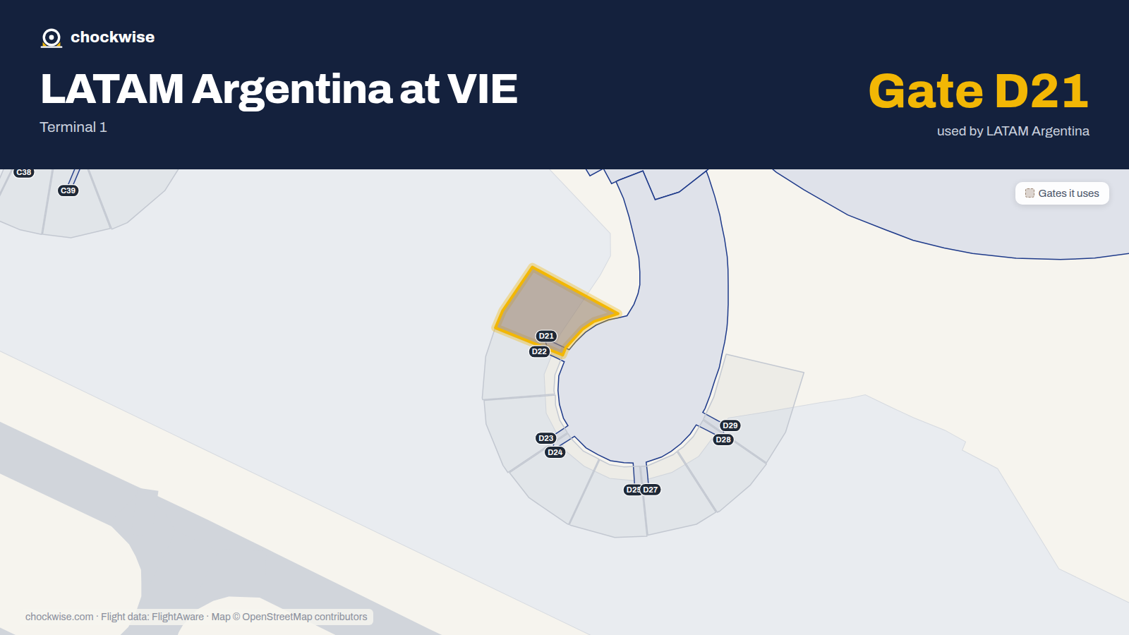 Map of VIE with the gates LATAM Airlines Argentina uses highlighted: D21.