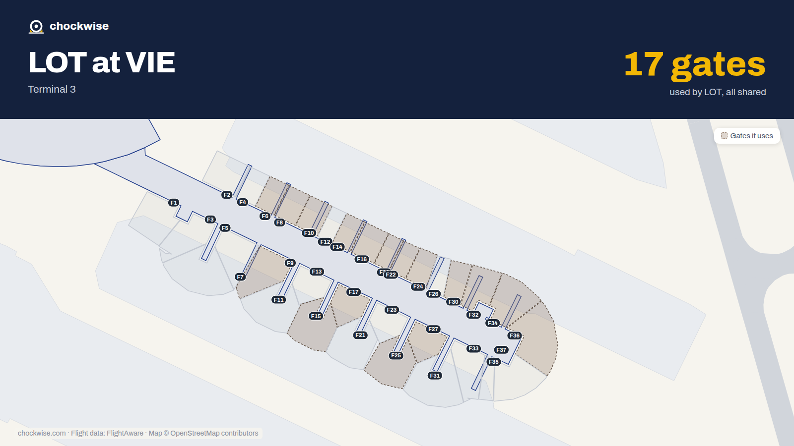 Map of VIE with the gates LOT Polish Airlines uses highlighted: F6, F8, F9, F10, F14, F15, F16, F17 and 9 more.
