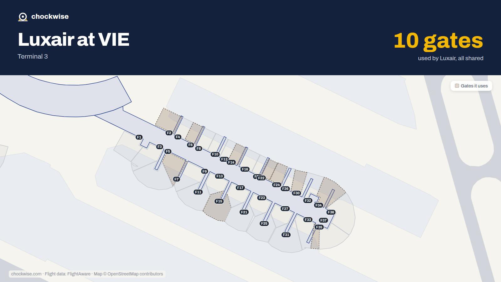 Map of VIE with the gates Luxair uses highlighted: F2, F5, F6, F14, F15, F22, F24, F30 and 2 more.