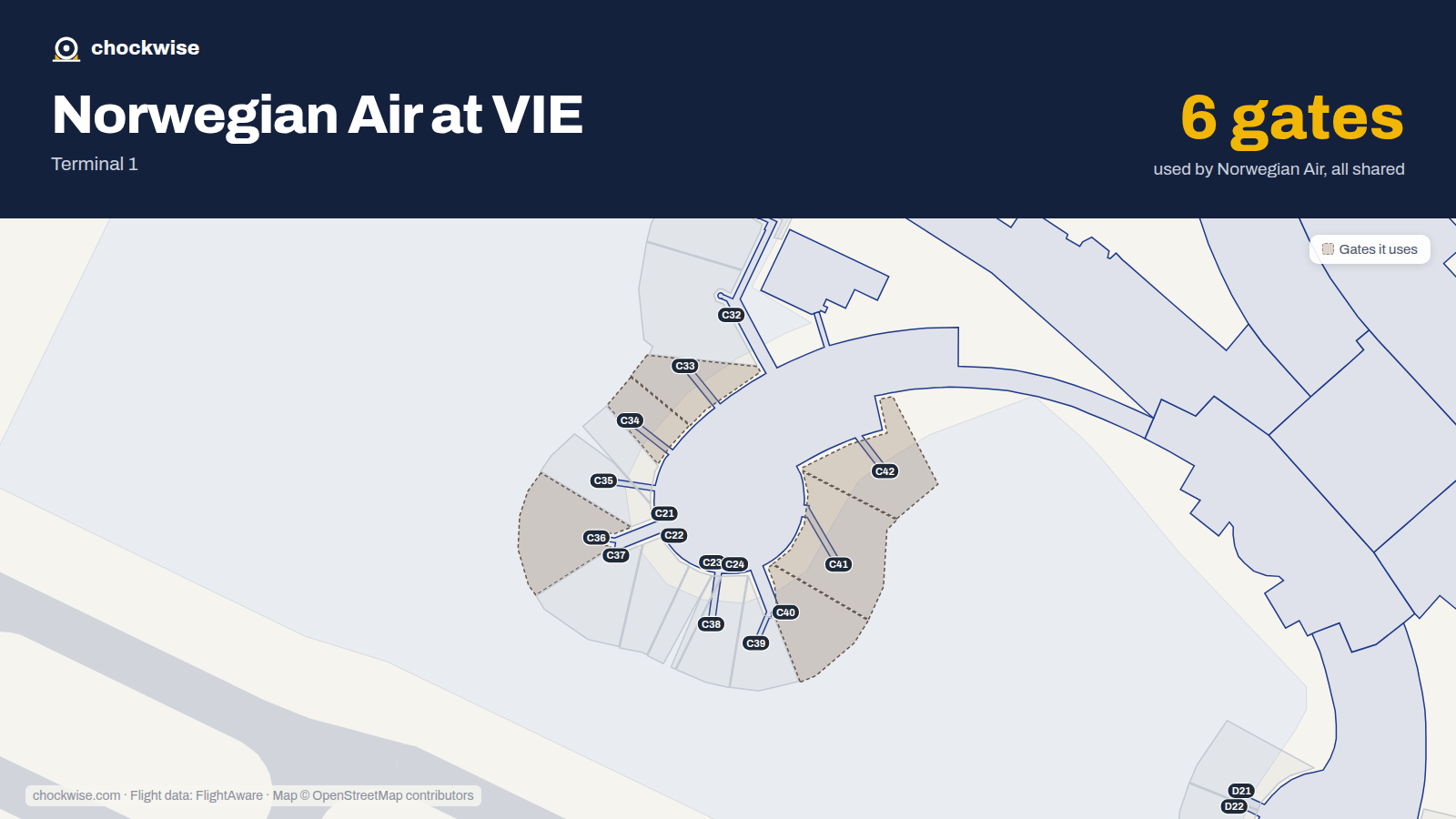 Map of VIE with the gates Norwegian Air Shuttle uses highlighted: C33, C34, C36, C40, C41 and C42.