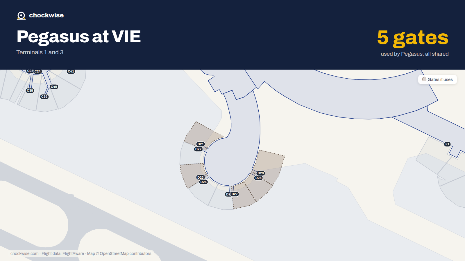 Map of VIE with the gates Pegasus Airlines uses highlighted: D21, D23, D27, D28 and D29.