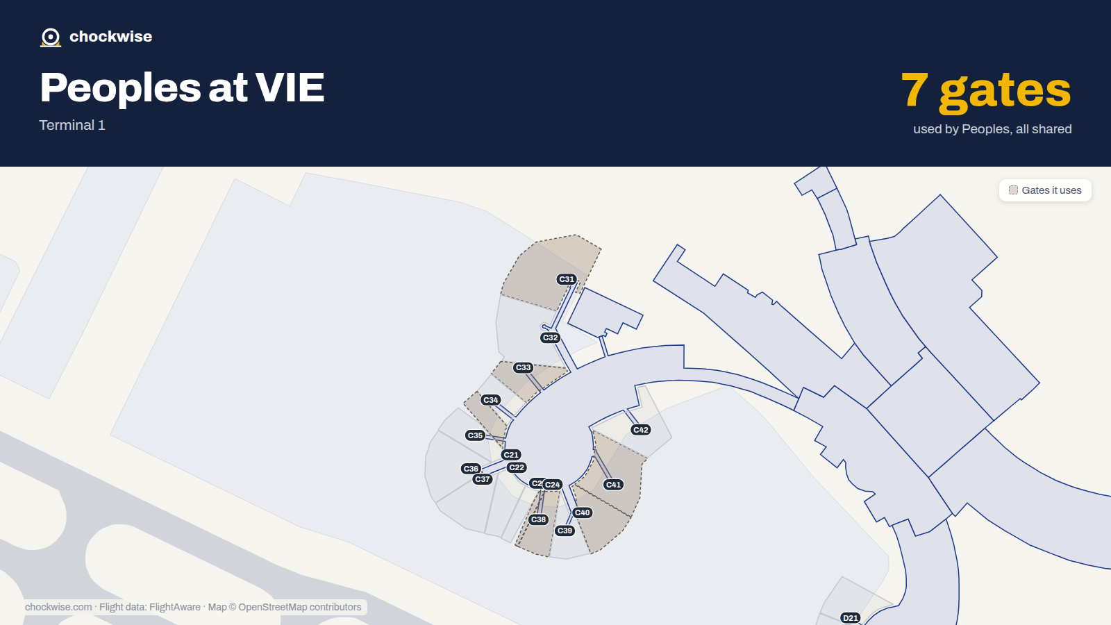 Map of VIE with the gates People's uses highlighted: C24, C31, C33, C35, C38, C40 and C41.