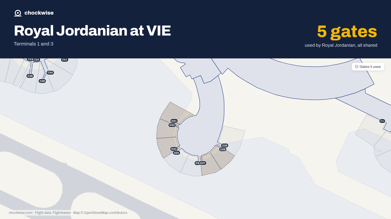 Map of VIE with the gates Royal Jordanian uses highlighted: D21, D22, D23, D27 and D28.