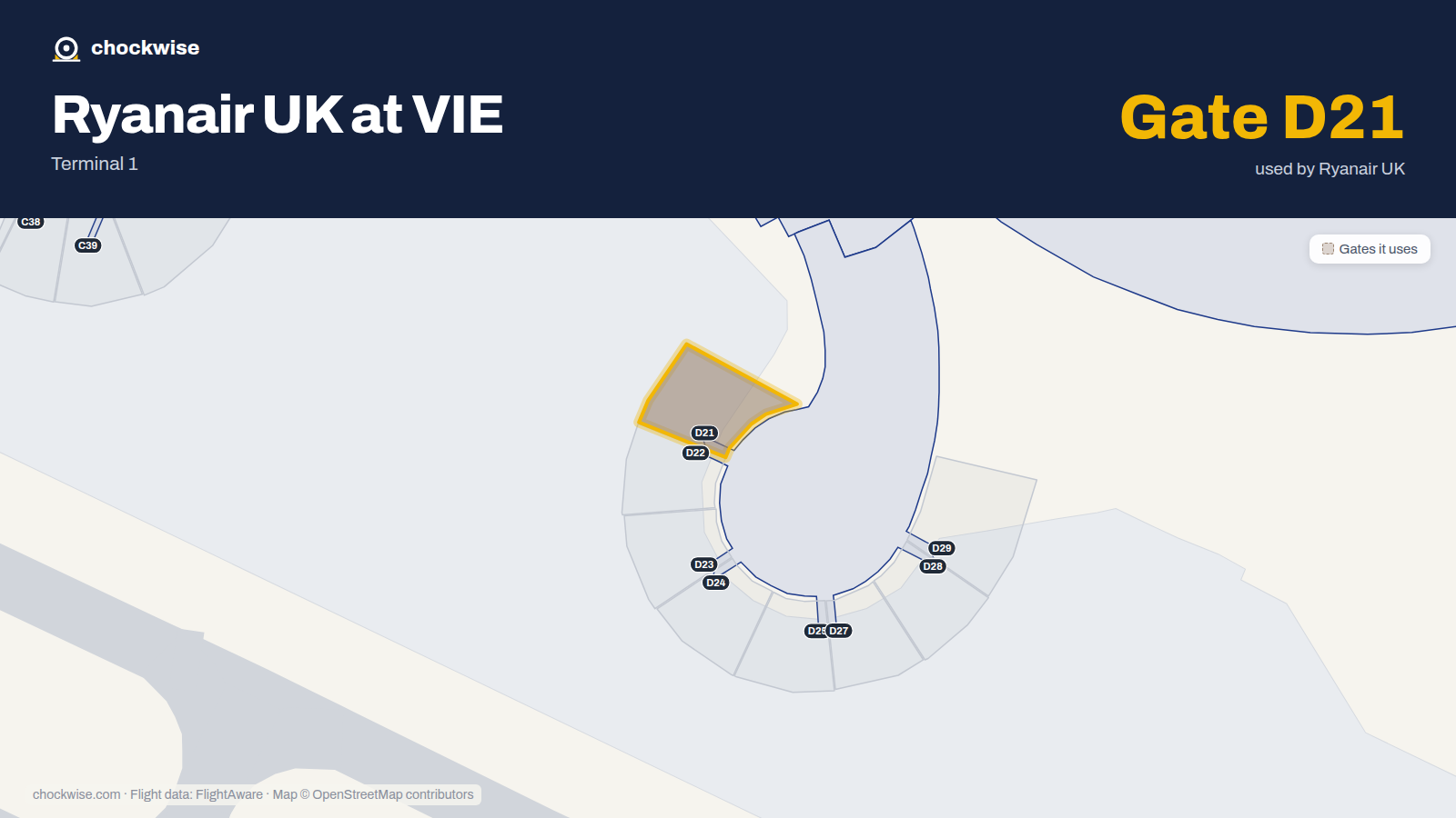 Map of VIE with the gates Ryanair UK uses highlighted: D21.