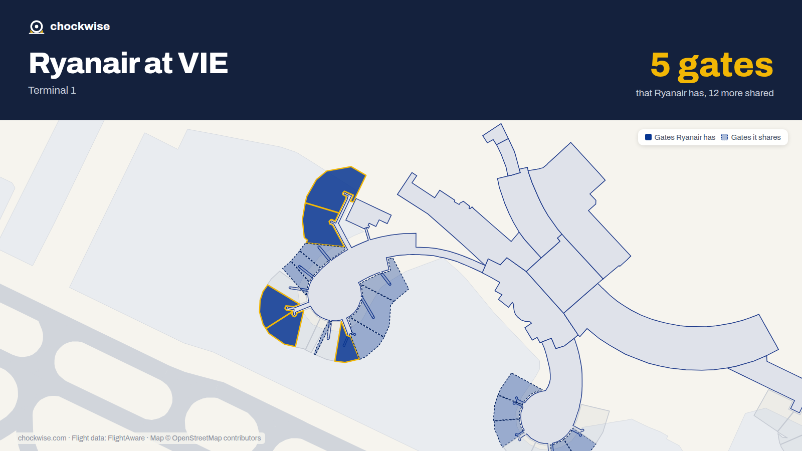 Map of VIE with the gates Ryanair uses highlighted: C31, C32, C36, C37 and C39.