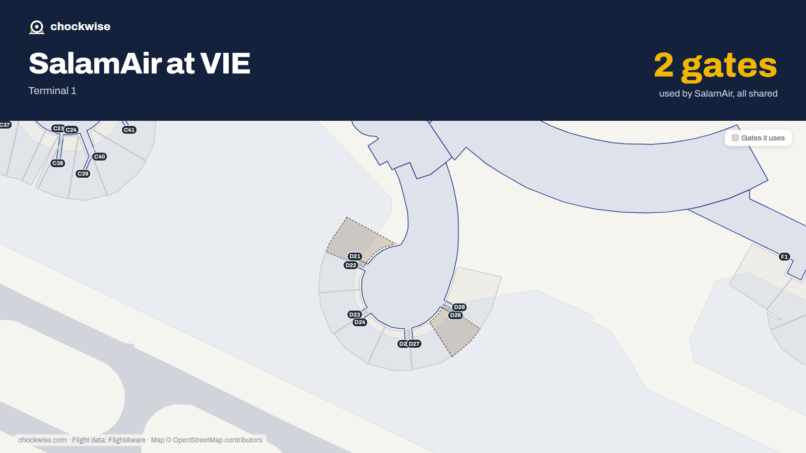 Map of VIE with the gates SalamAir uses highlighted: D21 and D28.