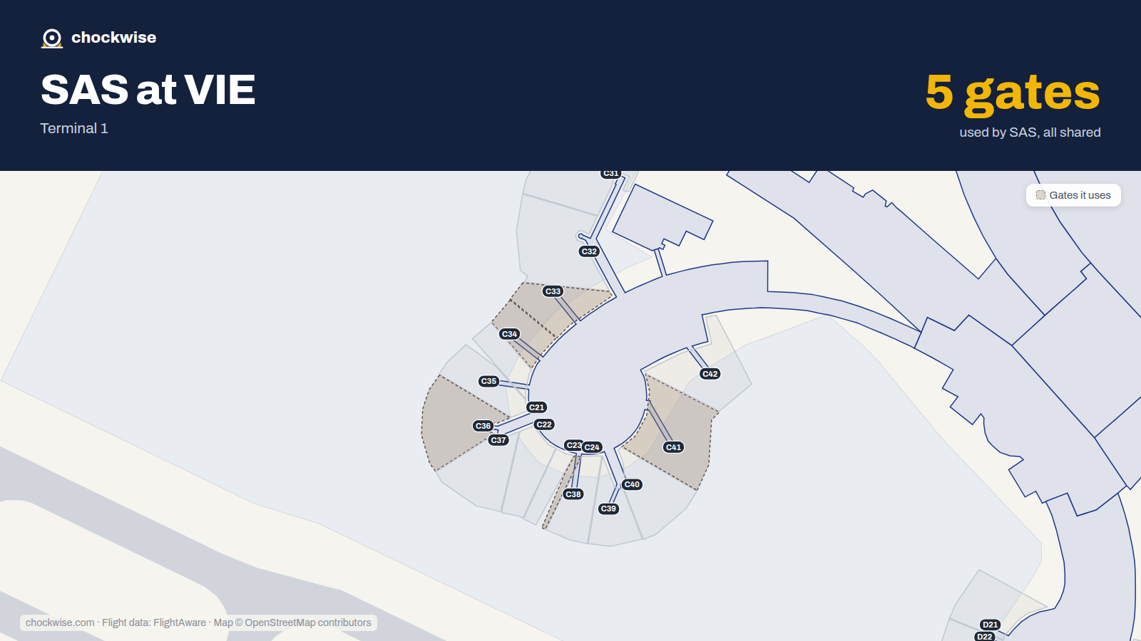 Map of VIE with the gates SAS Scandinavian Airlines uses highlighted: C33, C34, C36, C38 and C41.