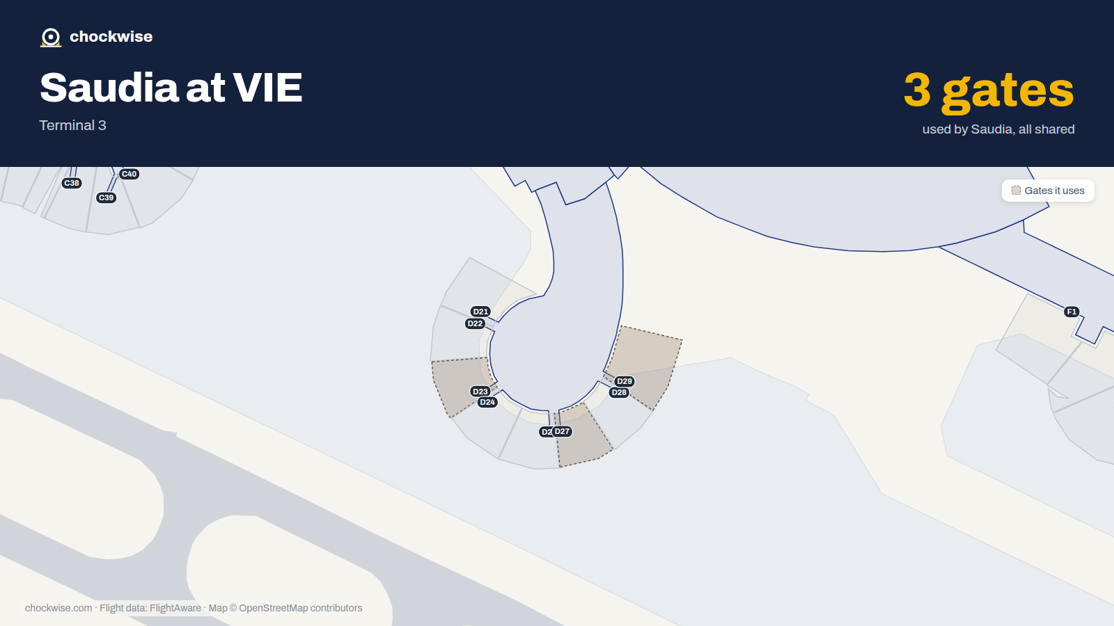 Map of VIE with the gates Saudia uses highlighted: D23, D27 and D29.