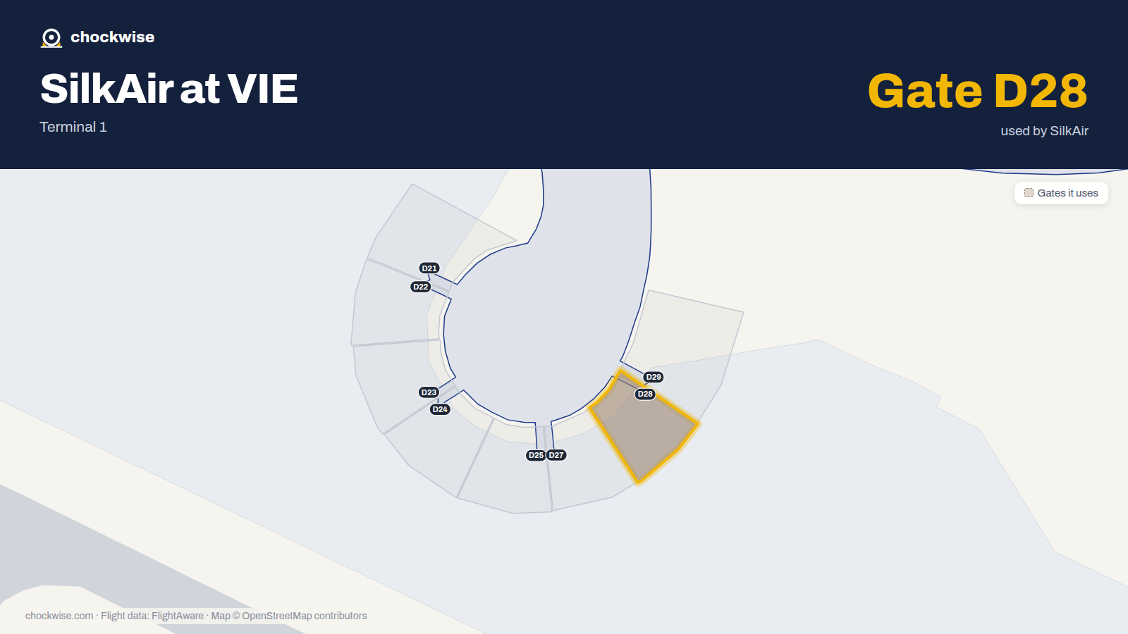Map of VIE with the gates SilkAir uses highlighted: D28.