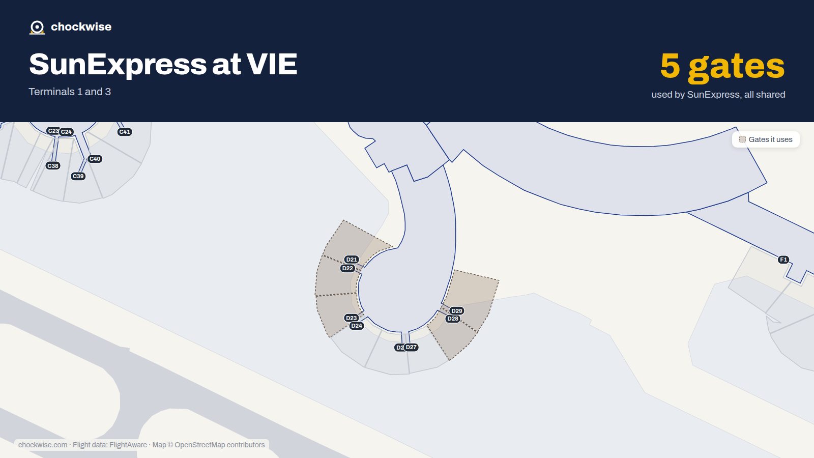 Map of VIE with the gates SunExpress uses highlighted: D21, D22, D23, D28 and D29.