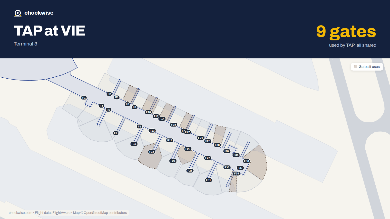 Map of VIE with the gates TAP Air Portugal uses highlighted: F6, F10, F14, F15, F20, F23, F30, F35 and 1 more.