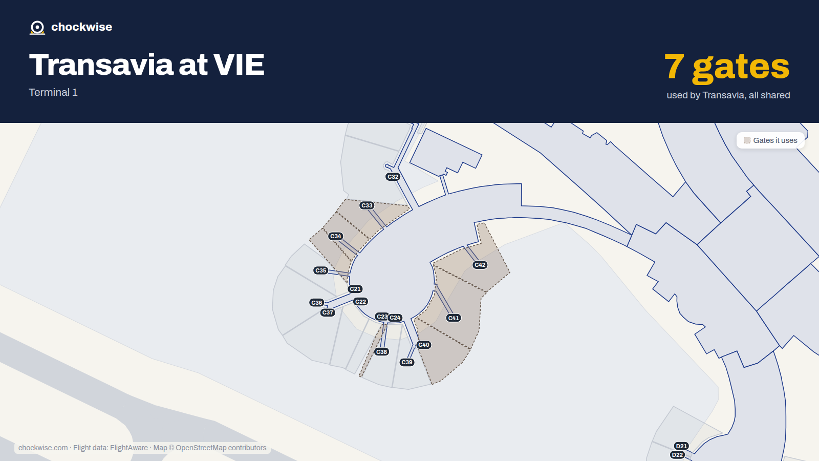 Map of VIE with the gates Transavia France uses highlighted: C33, C34, C35, C38, C40, C41 and C42.