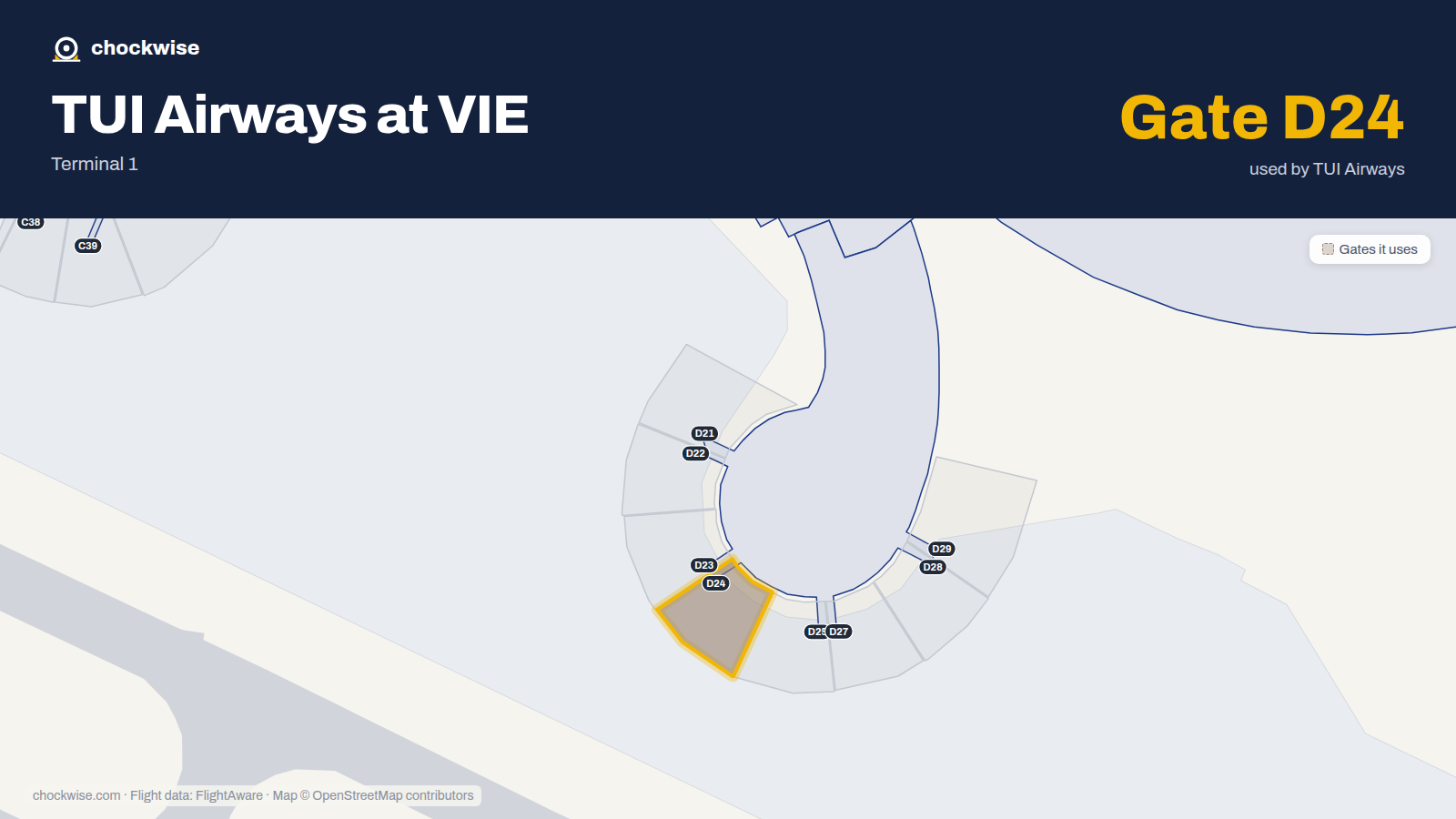 Map of VIE with the gates TUI Airways uses highlighted: D24.