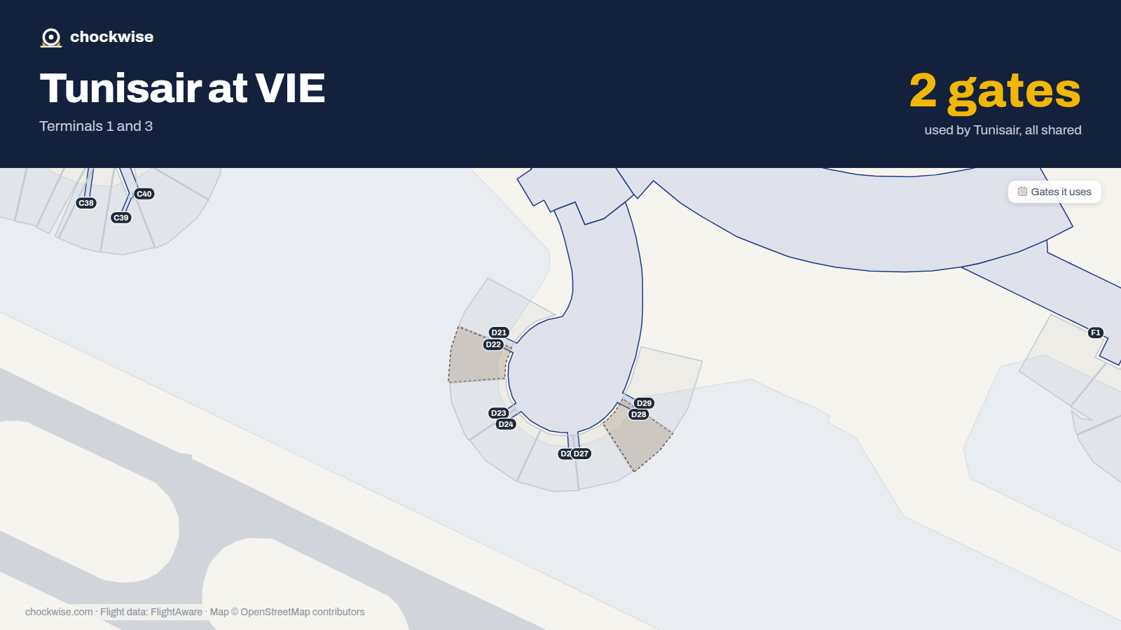 Map of VIE with the gates Tunisair uses highlighted: D22 and D28.