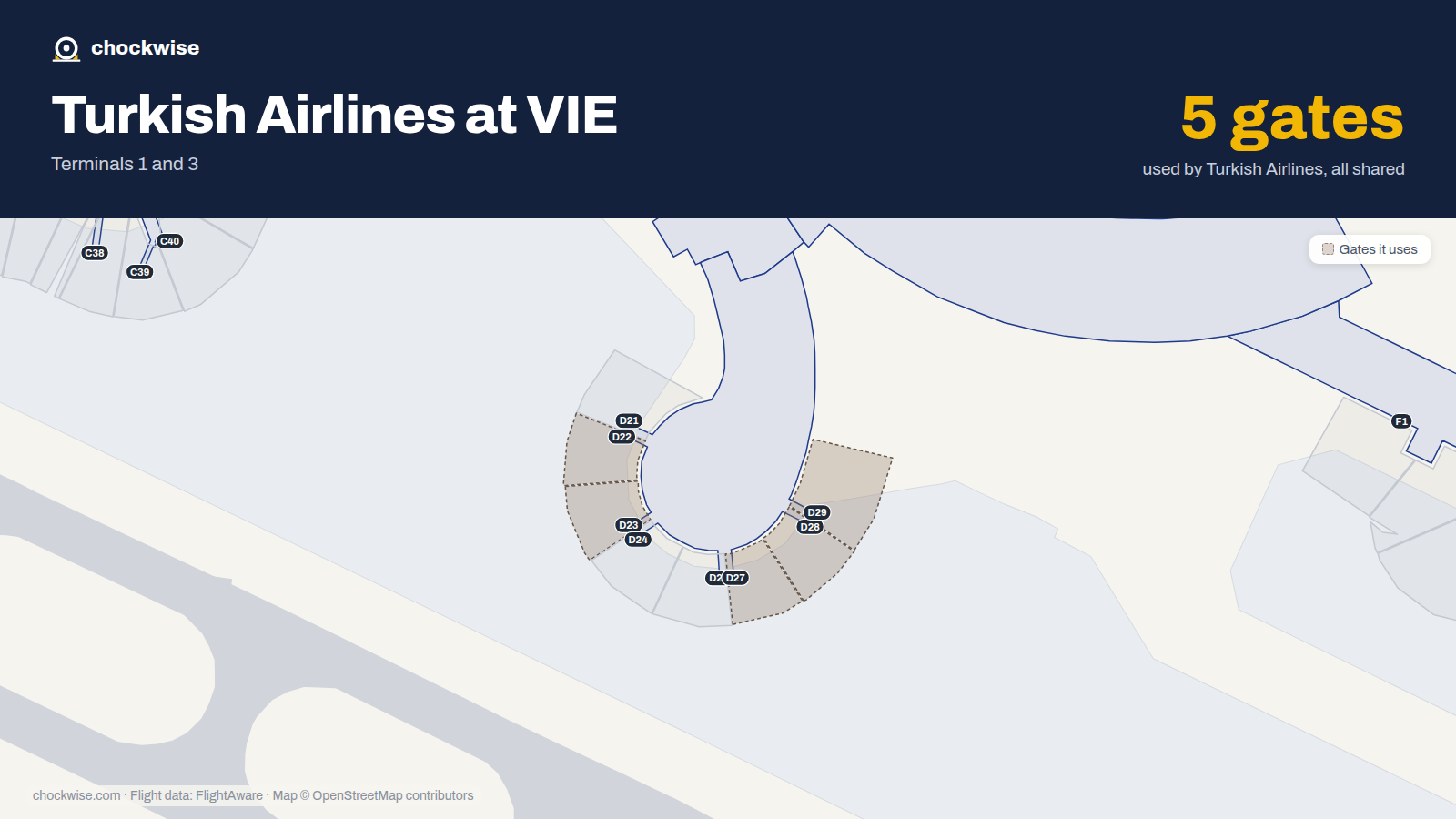 Map of VIE with the gates Turkish Airlines uses highlighted: D22, D23, D27, D28 and D29.