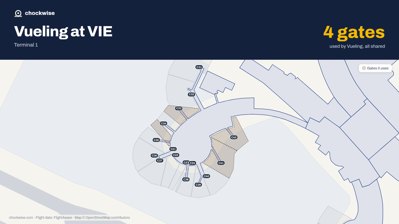 Map of VIE with the gates Vueling uses highlighted: C33, C35, C41 and C42.
