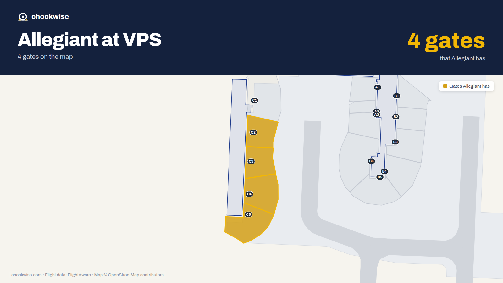 Map of VPS with the gates Allegiant Air uses highlighted: C2, C3, C4 and C5.