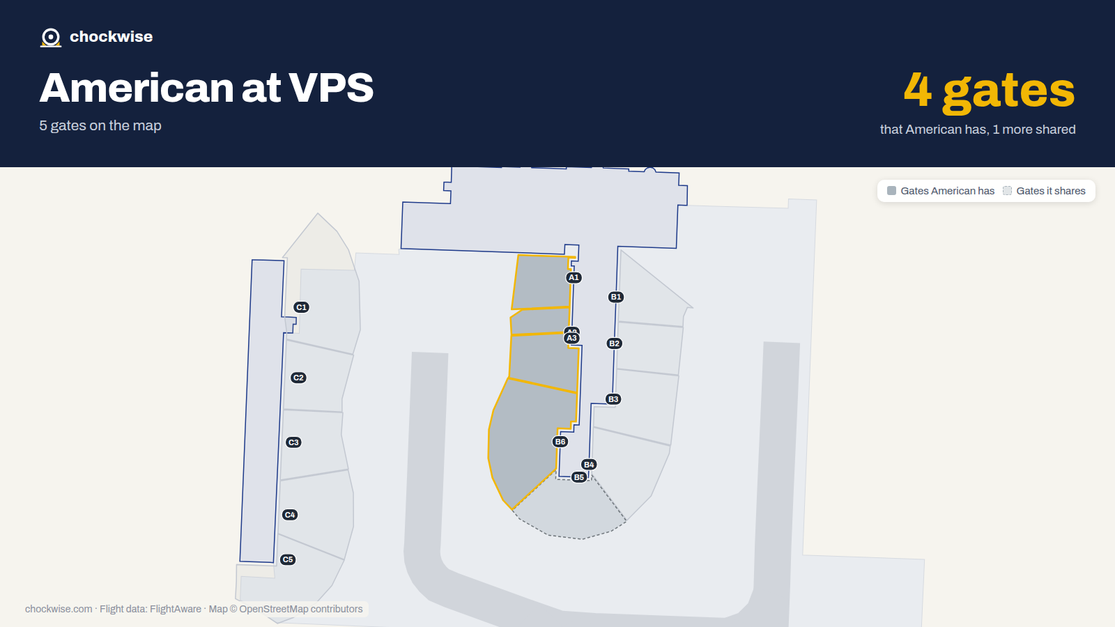 Map of VPS with the gates American Airlines uses highlighted: A1, A2, A3 and B6.