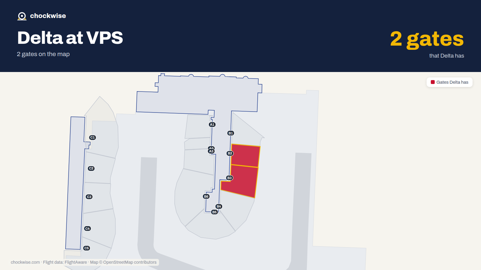 Map of VPS with the gates Delta Air Lines uses highlighted: B2 and B3.
