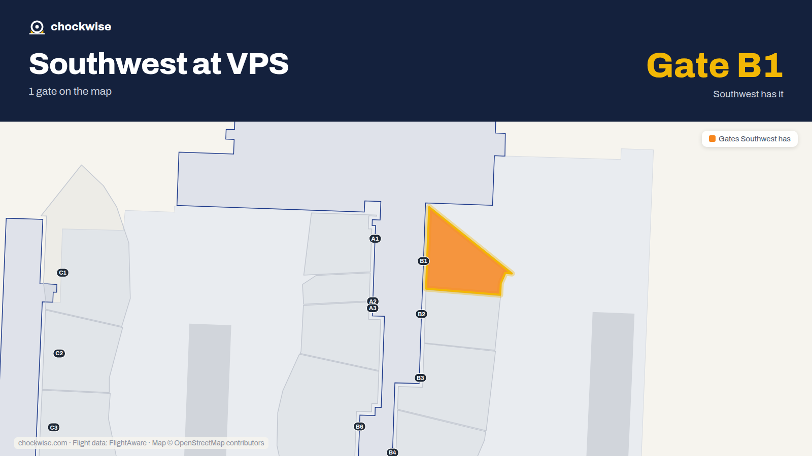 Map of VPS with the gates Southwest Airlines uses highlighted: B1.