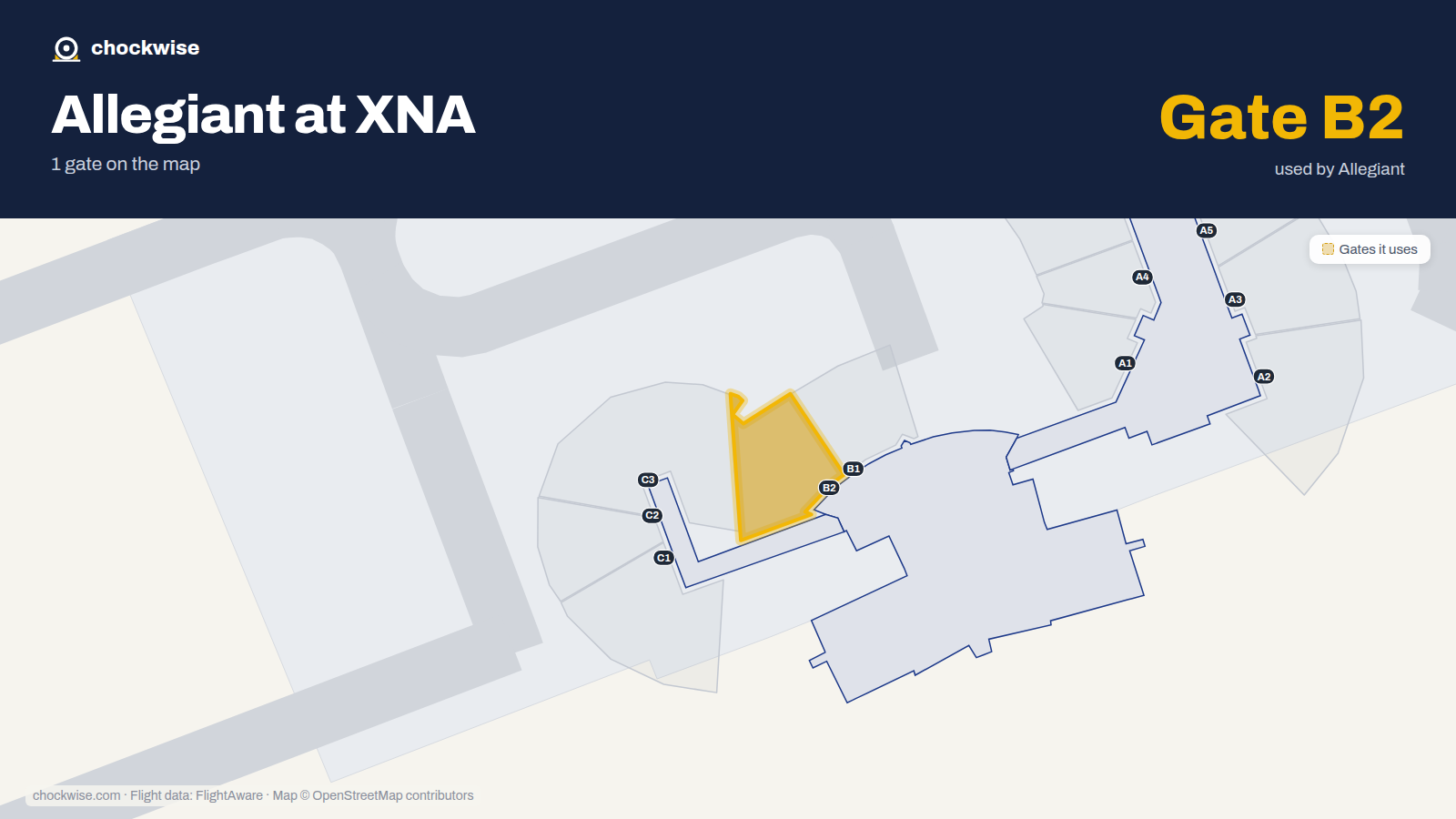Map of XNA with the gates Allegiant Air uses highlighted: B2.