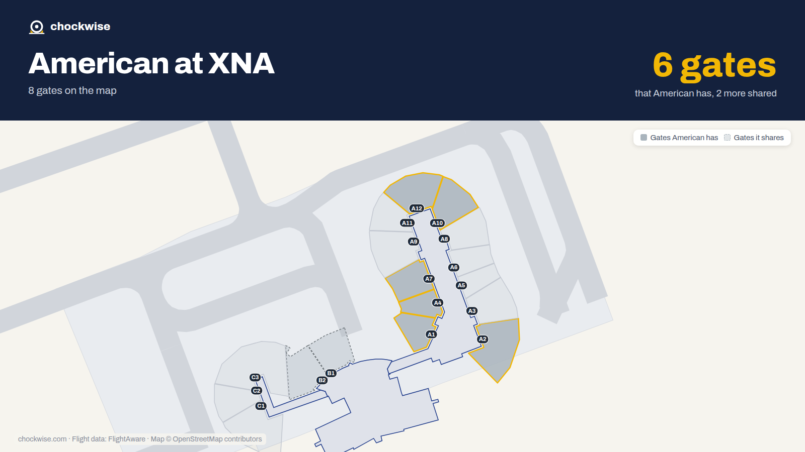 Map of XNA with the gates American Airlines uses highlighted: A1, A2, A4, A7, A10 and A12.
