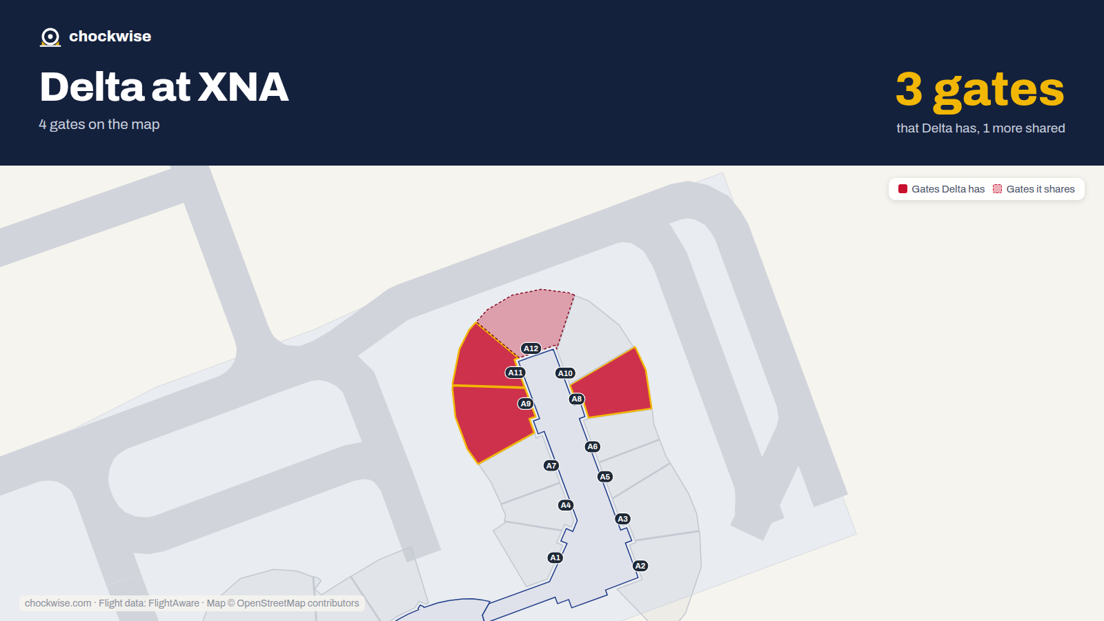 Map of XNA with the gates Delta Air Lines uses highlighted: A8, A9 and A11.