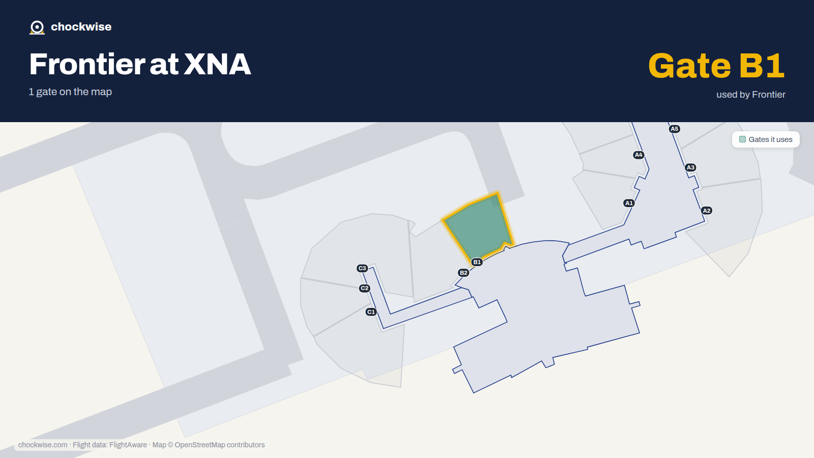 Map of XNA with the gates Frontier Airlines uses highlighted: B1.
