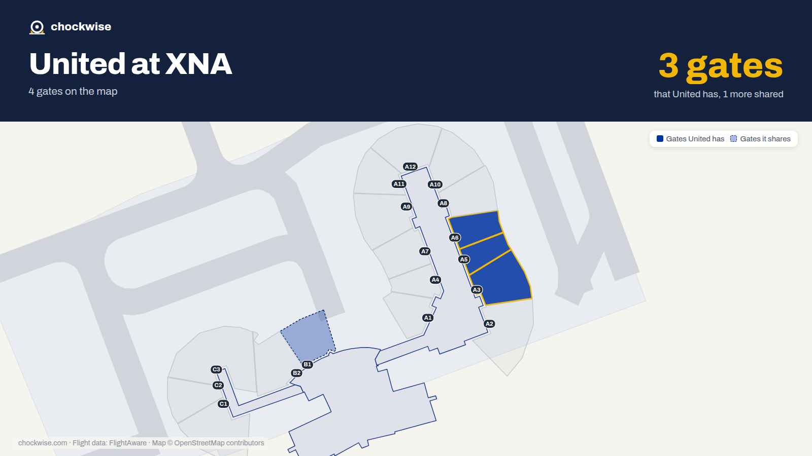 Map of XNA with the gates United Airlines uses highlighted: A3, A5 and A6.